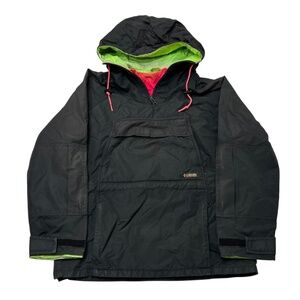 Vintage Columbia Rain Coat Windbreaker w/Hod Mens Small Black Neon Packable